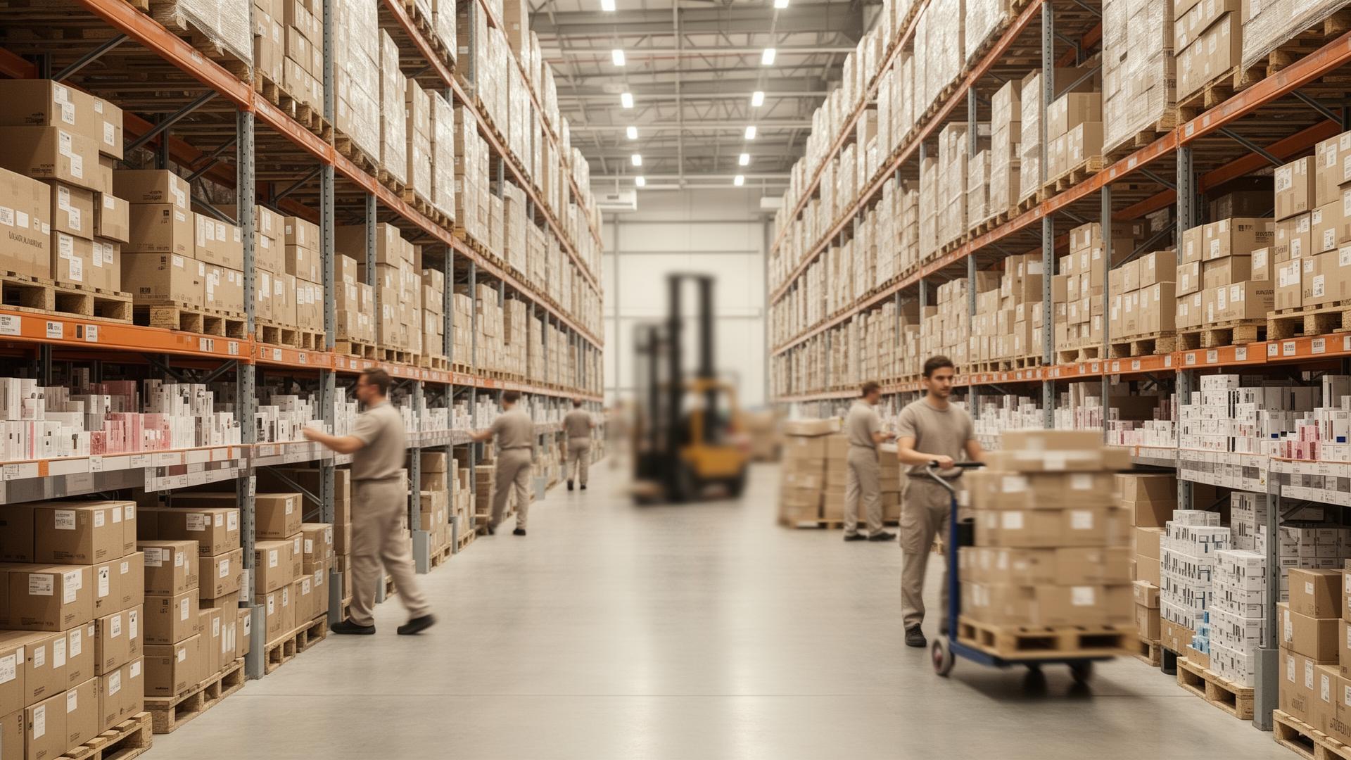 Wholesale cosmetics distribution warehouse with stocked shelves and workers moving pallets